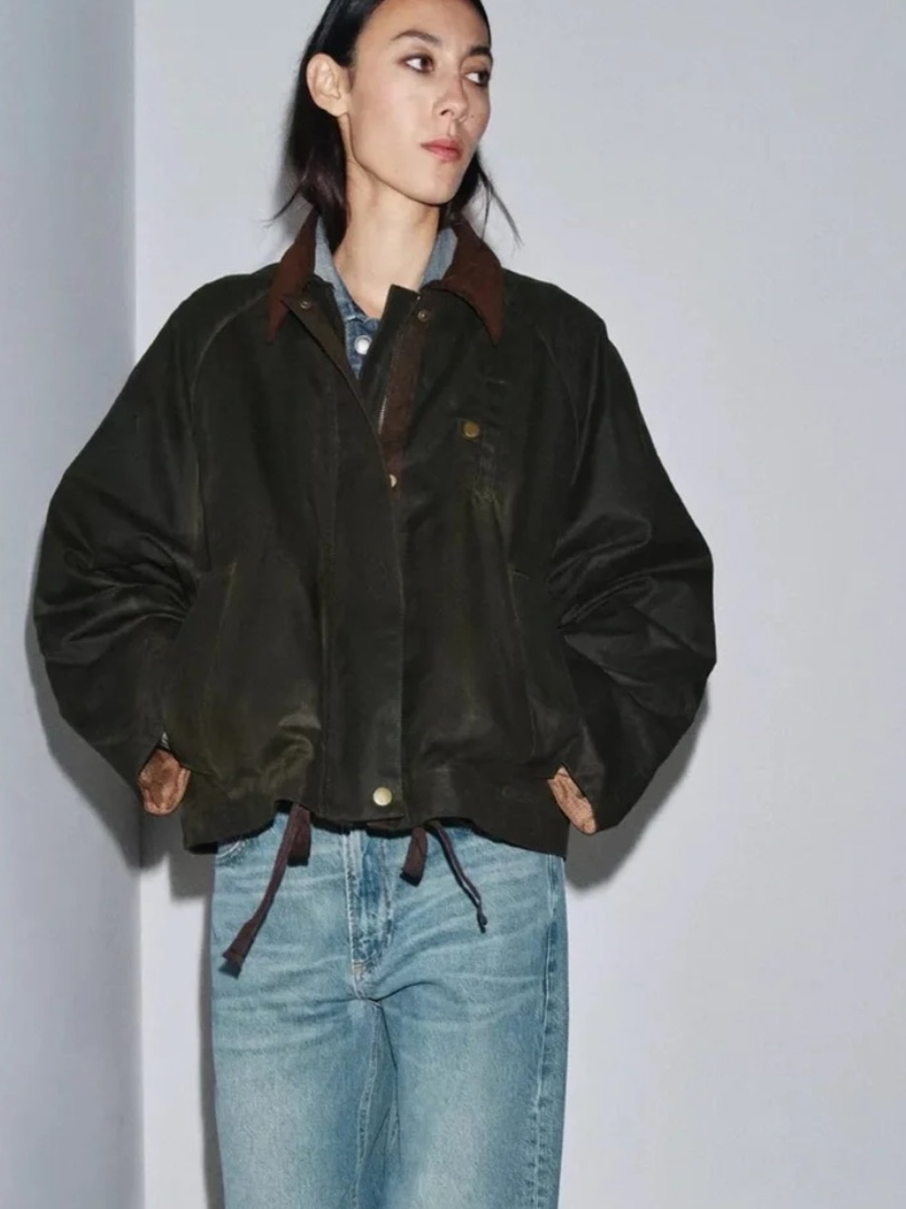 Zara NWT contrast collar waxed jacket ZW collection in khaki small 4369/249